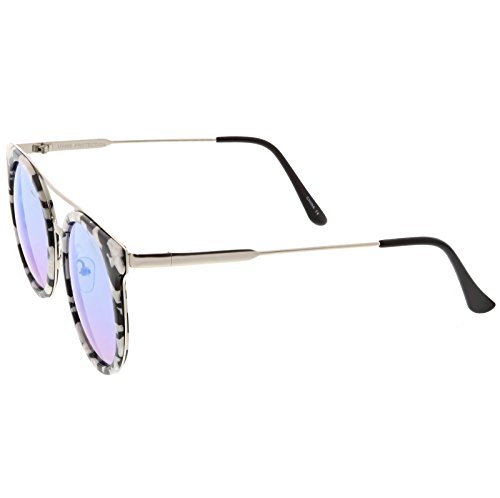 zeroUV - Modern Sleek Double Nose Bridge Round Color Mirrored Lens Horn Rimmed Sunglasses 51mm3