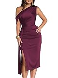 CurvySweet Women One Shoulder Formal Evening Cocktail Party Midi Dress Spring Bodycon Asymmetrical Slit Wedding Guest Dresses Burgundy