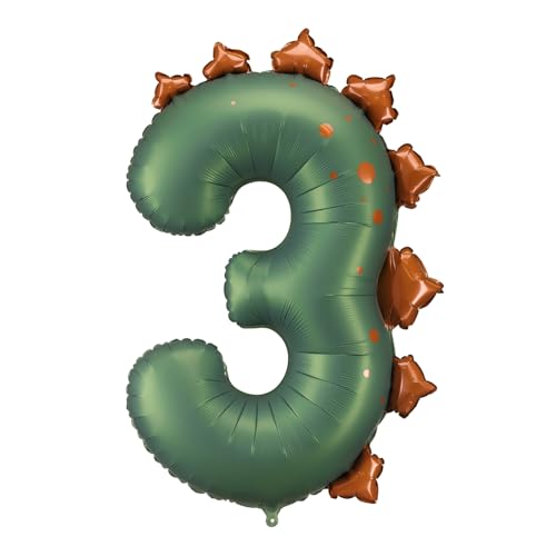 Folienballon Ziffer 3 Zahlenballon 92cm Dinosaurier - XXL Ballon für Helium oder Luft - Luftballon für Geburtstag Jubiläum Kinderparty - Folienluftballon als Geburtstagsdeko Partydeko - Grün Braun
