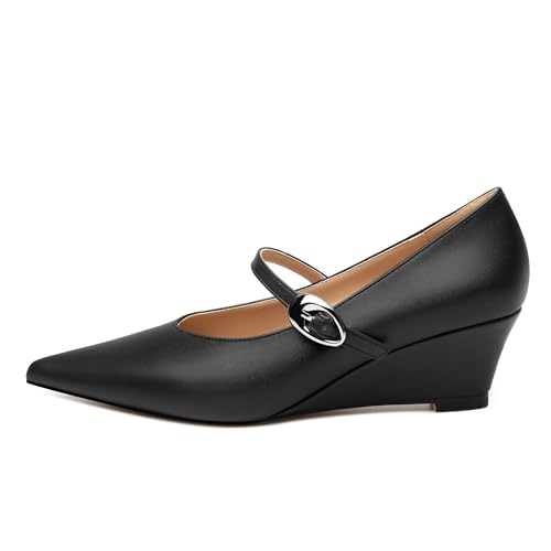 Wedge Pumps for Women Mary Jane Heels Pointed Toe Patent Closed Toe Wedge Heels Slip On Ankle Strap Heeled Dress Party Office Shoes 2.5inch2