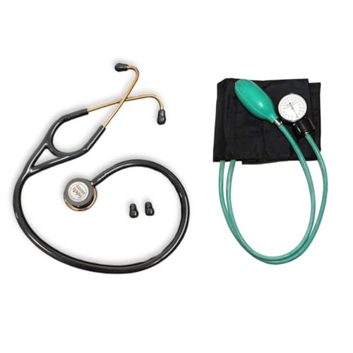Image of Fidelis Healthcare Combo of Black Editiion Stethoscope and Digital Thermometer for Doctors and Medical Students, Nurses (Double Diaphragm Black-Gold Stethoscope and Aneroid BP)