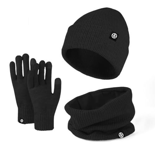 Enwokran 3 Stück Wintermütze Mütze Handschuhe Schal Set Thermo Strickmütze Elastischer Weiches Fleece Gebürstetes Innenfutter Schal Touchscreen Handschuhe Set für Kaltes Wetter (Schwarz)