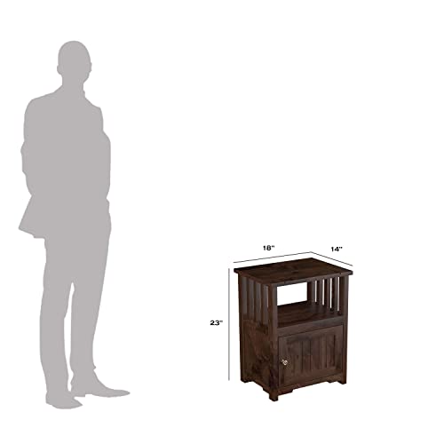 Image of Sheesham Wood Bedside End Table for Bedroom | Solid Wood Sofa Side Table Nightstand with 1 Door Cabinet & 1 Shelf Storage for Home & Living Room | Rosewood, Walnut Natural