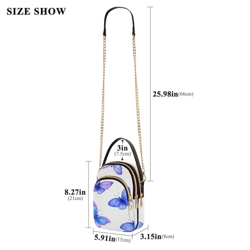 Watercolor Blue Purple Butterflies White White Women Single Shoulder Purse Phone Wallet Chain Strap Purse Floral Print Zipper Lady Crossbody Bag, 5.9" × 8.3" × 3.1"3