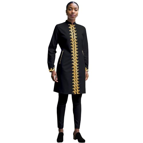 Women`s Suit Gold Embroidery Blazer and Pants Set Dashiki Jacket Traditional African Clothes with Chain