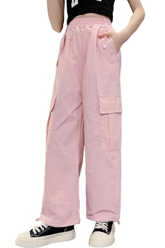 Girls' Quick Drying Pants Elastic Waisted Cargo Pocket Wide-Leg Hiking Water-Proof Quick Dry Pants, Pink, 11-12 Years = Tag 160