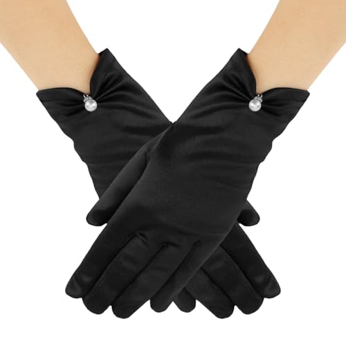 KEAHND Damen Elegant Brauthandschuhe,Schwarz Satin Handschuhe mit Perlen Kurze Handgelenklänge,Kurze Handschuh,für Hochzeit,Party,Oper,Teeparty,Halloween Vintage Accessoires