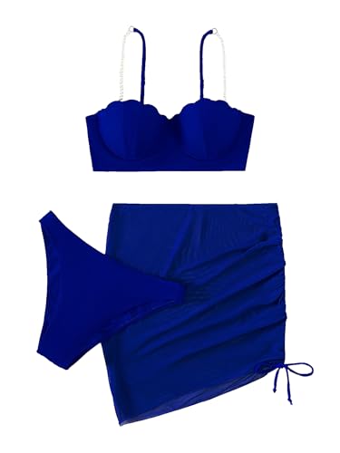 Women's 3 Piece Swimsuits Pearls Spaghetti Straps Push Up Bikini Set with Drawstring Mesh Coverups Skirts