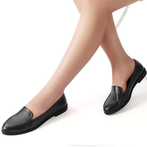 Image of MUSSHOE Women's Loafer Slip-on Flats for Women Dressy Comfortable Loafers for Women Black Pu