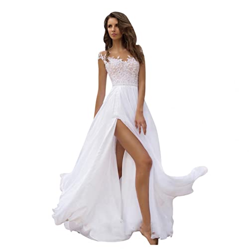 Huttam Robe Mariée Femme Blanche Dentelle Robe Soiree Longue Cérémonie Chic Sexy Dos Nue Robe Cocktail Mariage Baptême Élégant Fendue Robe de Demoiselle...