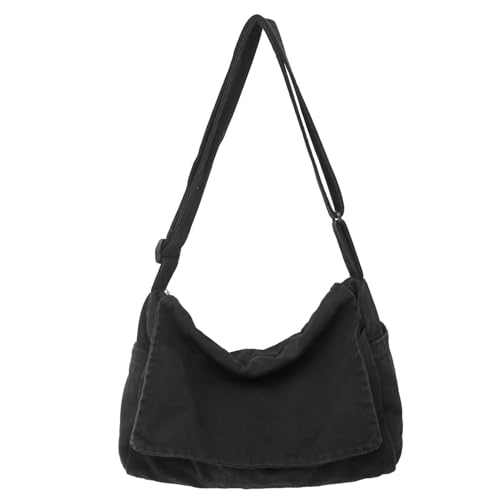 Wxnow Versatile Canvas Shoulder Tote Shopping/Work/Travel Ready Thin Water-Resistant Fabric Unisex Minimalist Daily Bag (Black)