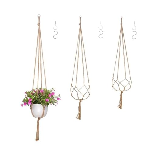 JZK 3 ganci per piante in macramè da 90 cm, 100 cm, 120 cm, con gancio, in corda di iuta, fioriera da appendere con nappa, cesto da appendere per interni per piante da appartamento