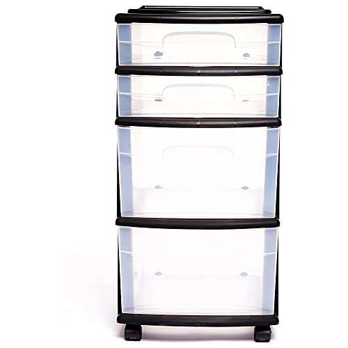 Homz Plastic 4 Clear Drawer Medium Home Organization Storage Container Tower With 2 Large Drawers And 2 Small Drawers, Black Frame #TOP2