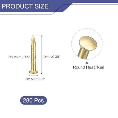 QUARKZMAN 280 sztuk mosiężne gwoździe 1,2 x 10 mm (DxL) okrągłe gwoździe do obrazów ściana okrągła głowa mosiężny sprzęt do projektów DIY drewniane pudełka dekoracyjne do domu, odcienie mosiądzu