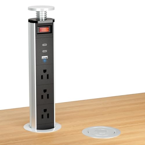 Pop Up Outlet with 2 USB C and USB A Fast Charging Port, 3 AC Outlets - Power Strip with Switch Control - Countertop Outlet Flush Mount 2.5 inch Hole (Silver Black)
