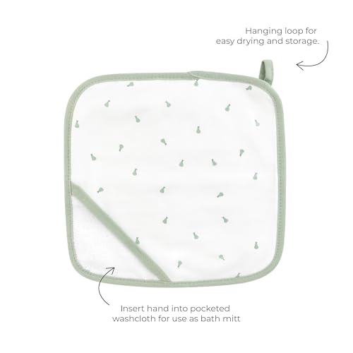 Image of Ely's & Co. Baby Hooded Towel and Wash Cloth Set, Thick Absorbent 100% Cotton Terry, for Newborn Baby Girl /Boy, Bath Towel 35x35 inch with Pocketed Wash Cloth 10x10 inch (Sage Pear Collection)