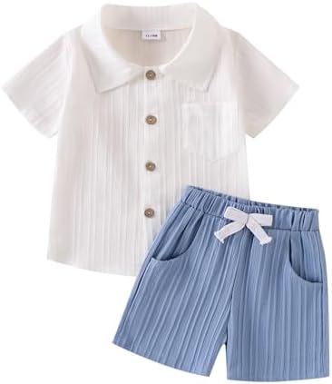 Aenbilo 2T Toddler Clothes For Boys Baby Summer Outfits Cute Button-Down Short-Sleeve Polo T Shirts + Pocket Shorts Dusty Blue Set 2Pcs