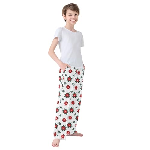 CaTaKu Boys Buffalo Poinsettia Christmas Pants for Boys Girls Wide Leg Sweatpants Kids Long Bottoms with Pockets Size 6-14Y3