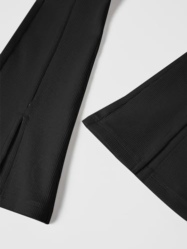 Image of Haloumoning Girls Kids Elastic Waist Ribbed Flare Split Bottom Pants Stretch Casual Long Pants(5-14Y) Black