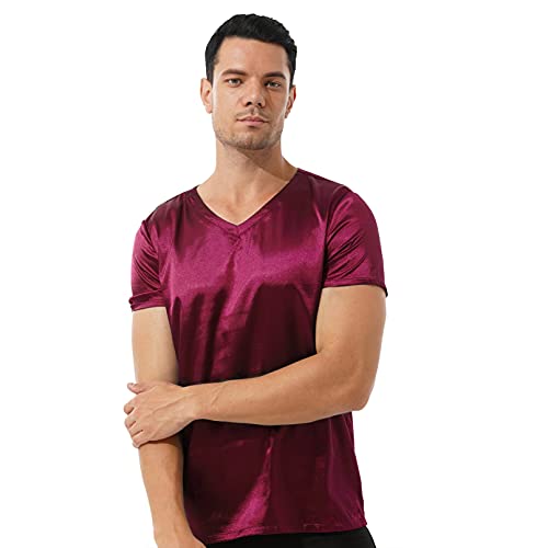 Jugaoge Men Satin Silk Shirt Short Sleeve T-Shirt Loose Tee Blouse Pajamas Tops Nightwear2