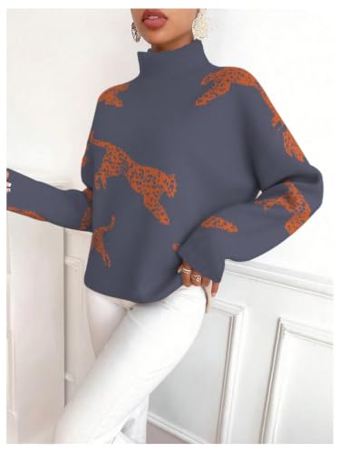 Image of WDIRARA Women's Leopard Tiger Print Sweater High Neck Long Sleeve Fuzzy Knitted Pullover Top