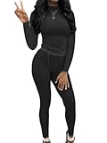 AYWA Women's 2 Piece Outfits Ribbed Long Sleeve Fitted T-shirt High Waist Leggins Shorts Casual Matching set (Black, Small)