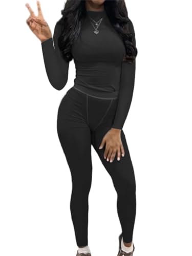 AYWA Women's 2 Piece Outfits Ribbed Long Sleeve Fitted T-shirt High...