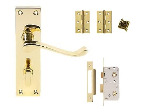 Golden Grace Victorian Scroll Bathroom Door Handles with 64mm Bathroom Lock Set and 1 Pair of 3" Butt Hinges in Premium Polished Brass Finish