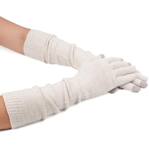 F Flammi Women Knit Long Gloves Touchscreen Cashmere Blend Arm Warmers with Fingers Winter Warm Gloves (White) Cover