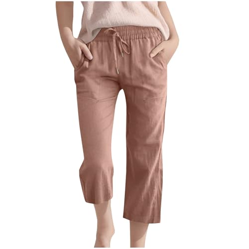 Teen Girls Capris Pants Summer Loose Comfy Cotton Linen Straight Wide Leg Drawstring Elastic Waist Solid Cropped Pant - Main Image