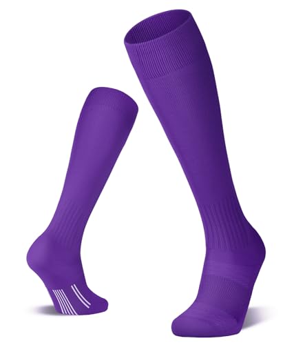 FITRELL 2/3 Pack Soccer Socks Baseball Softball For Youth Kids Boys Girls Over-The-Calf Football Socks for Adult Men Women Purple Small