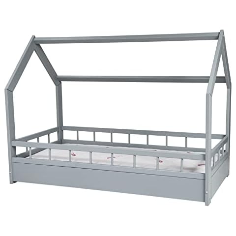 Scandinavian Style Kids Bed+ Standard Mattress,Set,House Bed 160x80+barriers (Colour: Grey) Cover