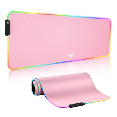 Image of BladeHawks RGB Gaming Mouse Pad Extra Large Extended 31.5x12 Inch-Pink | LED mouse pad with 14 lighting modes, covers keyboard & mouse, anti-slip rubber base, waterproof surface, USB powered