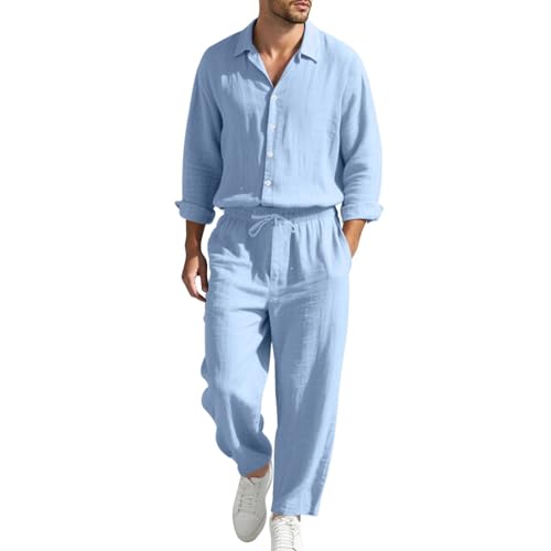 Generico 2 Pezzi Tuta Uomo Set completo Estivo in Lino, Camicia e Pantaloni con Elastico in Vita, a Maniche Lunghe, in Tinta Unita, Traspirante Casual, per Spiaggia Vacanza, per il Tempo Libero