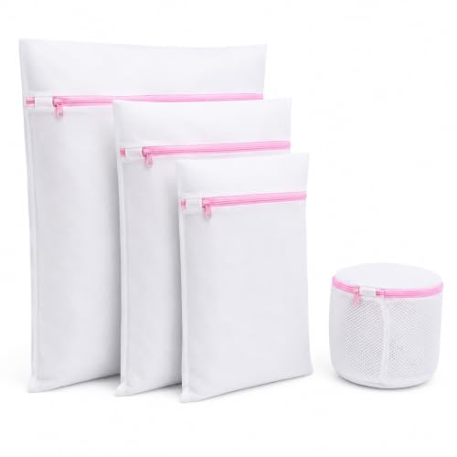 Image of HomeCloud Mesh Laundry Clothes Washing Bag with zip lock for Delicate Clothes, Stockings, Underwear, Bras & Lingerie for Washing Machine| Pack of 4 (Peach)