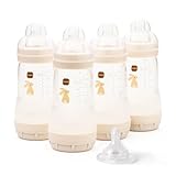 MAM Easy Start Anti-Colic Baby Bottles | 4 Pack (4X 260ml) | Self-Sterilising Baby Milk Bottle | Medium Flow MAM Teats Size 2 + 1x Fast Flow Teat Size 3 | Linen (Various Designs)