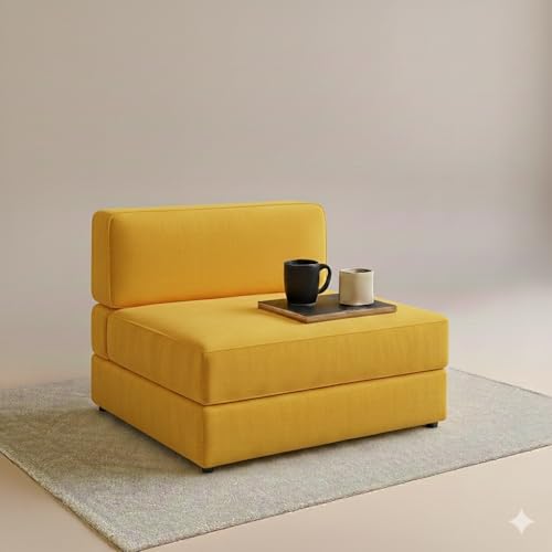 Image of PUM PUM 2-Seater Sofa Cum Bed | EPE Foam Foldable Couch with Velvet Fabric & Washable Cover | Convertible Sofa Bed for Home, Living Room & Office Guests | 3 x 6 Ft (Yellow)