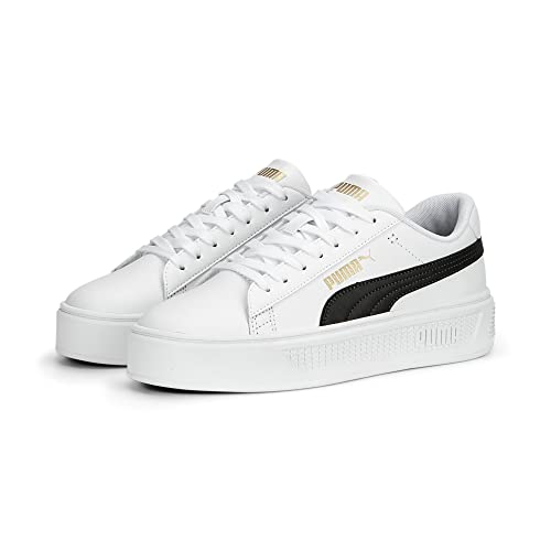 PUMA Women's SMASH PLATFORM V3 Sneaker, PUMA White-PUMA Black-PUMA Gold, 10
