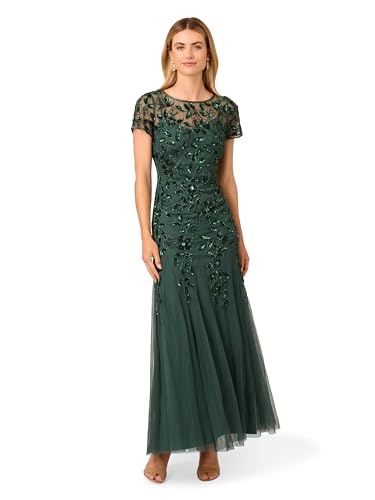 Adrianna Papell Womens Bead Long Dress with Godets, Dusty Emerald, 14
