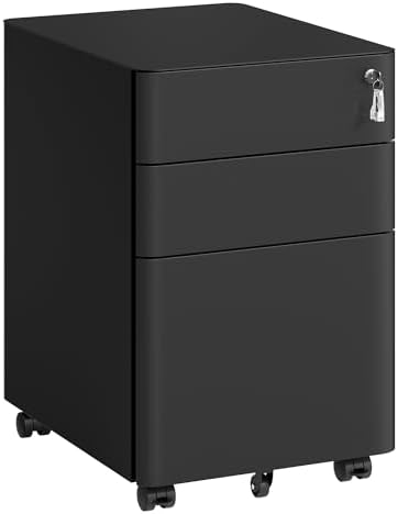 SONGMICS Vormontierter Rollcontainer mit 3 Schubladen, abschließbarer Aktenschrank aus Metall fürs Büro, 50 x 39 x 59 cm, Mattschwarz, Berend Kollektion OFC032B101