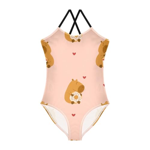 Girls One Piece Swimsuits Capybara with Donut and Coffee Sport Halter Swimwear Beach Bathing Suit, 3T