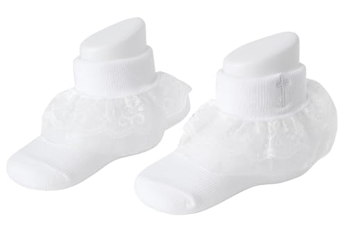 image for KESICI Baptism Socks for Baby Girls, White Newborn With Cross & Eyelet