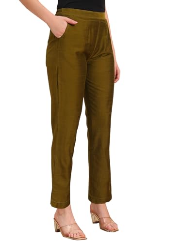 Image of Vogaan Women's Cotton Silk Pant | Half-Elasticated Waist Slim Fit Trouser for Women | Casual Pocket Pants for Office Formal Daily Use