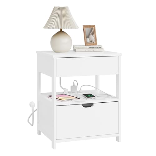 SoBuy Mesita de Noche con Carga 4-en-1 y Estante, Mesa de Noche con Cajones para Dormitorio y Salón, para Adolescentes y Adultos, Blanco, 45x38x55,5 cm, FRG258-II-E-W