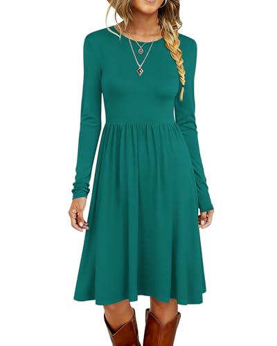 MISFAY Women's Long Sleeve Midi Dress Loose Casual Empire Waist Dresses with Pockets(Dark Green,M)