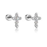 Mikovivi Cross Earrings, Titanium Steel Tiny Delicate Zircon Cross Flat Back Stud Simple & Stylish Earrings Jewelry for Women Men, Thoughtful Gift (Silver)