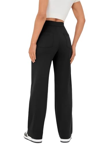 Glacspyg Weite Hose Damen Hohe Taille Sporthose Knopf Gerade Hosen mit Taschen Elastische Freizeithose Schwarz M