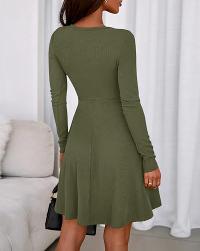 Image of BTFBM Casual Fall Dresses for Women 2025 Long Sleeve Ribbed Button Down Empire Waist A Line Winter Wedding Guest Dress