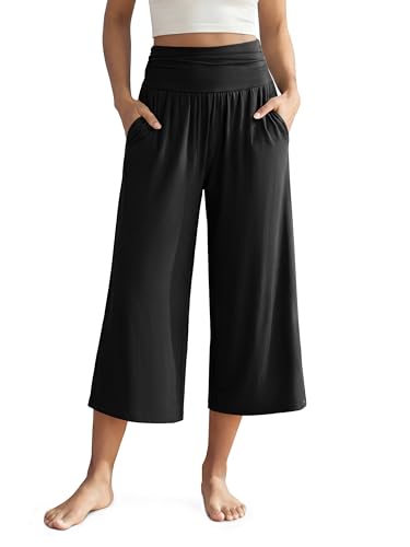 ODODOS Women's Wide Leg Palazzo Lounge Cropped Pants with Pockets Pajama Capri Pants-22 Inseam, Black, Large