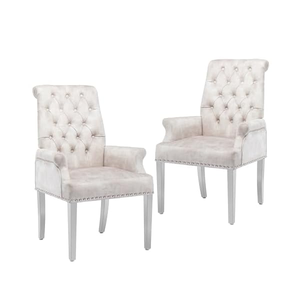 Luxurious velvet dining chairs set of 2 modern upholstered tufted dining room chairs armrests dining chairs with stainless steel leg beige  urban country home decor